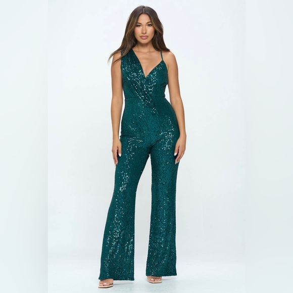 Ricarica Pants - Ricarica Emerald Green Sleeveless Sequin Jumpsuit